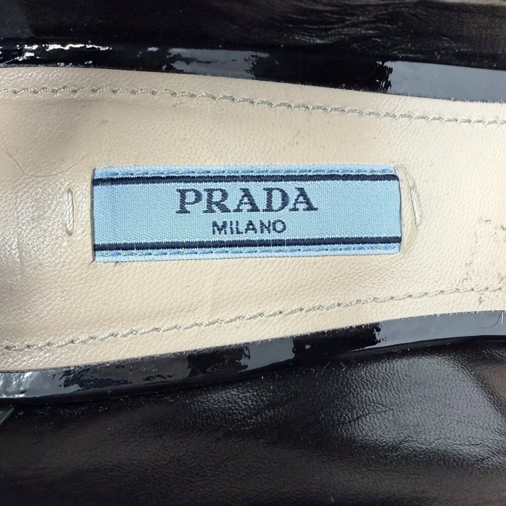 Prada Black Patent Mary Jane‎ Heels Silver Buckle Block Pumps 38.5